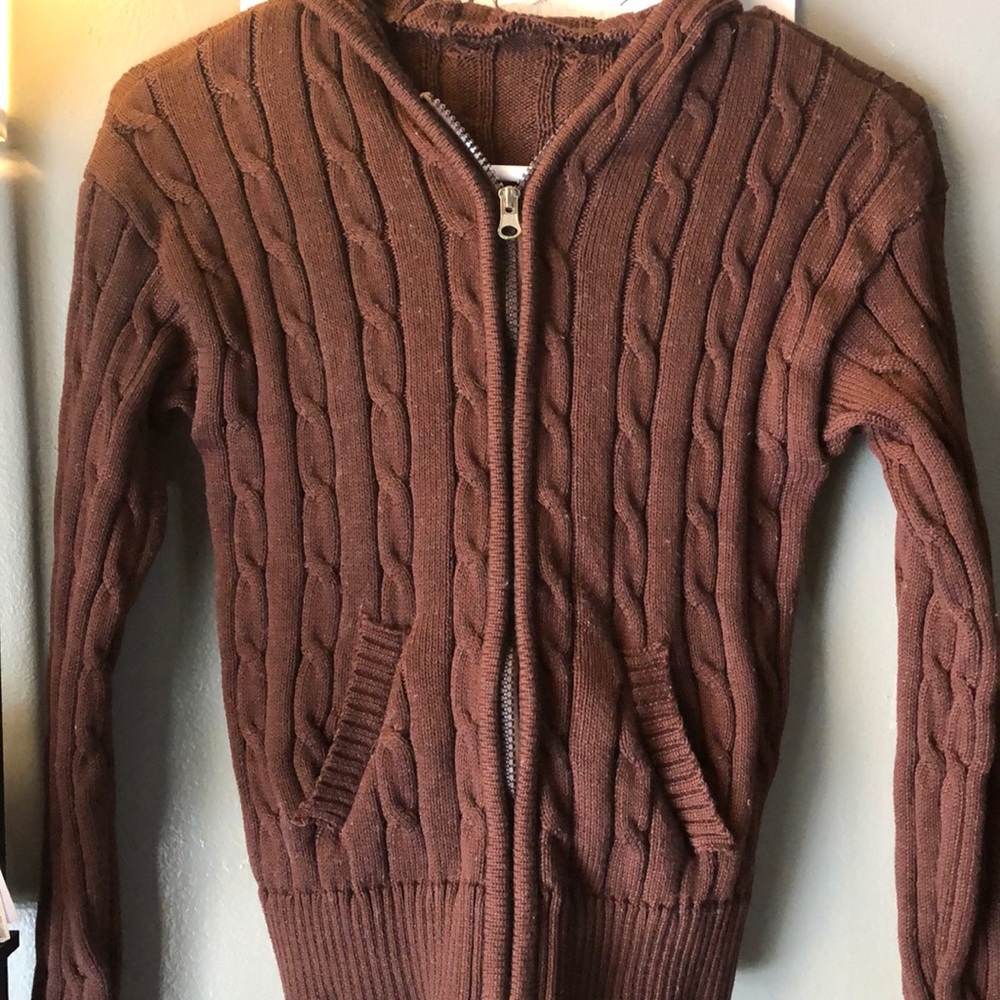 Brown Cable Knit Zip Up Hooded Sweater
